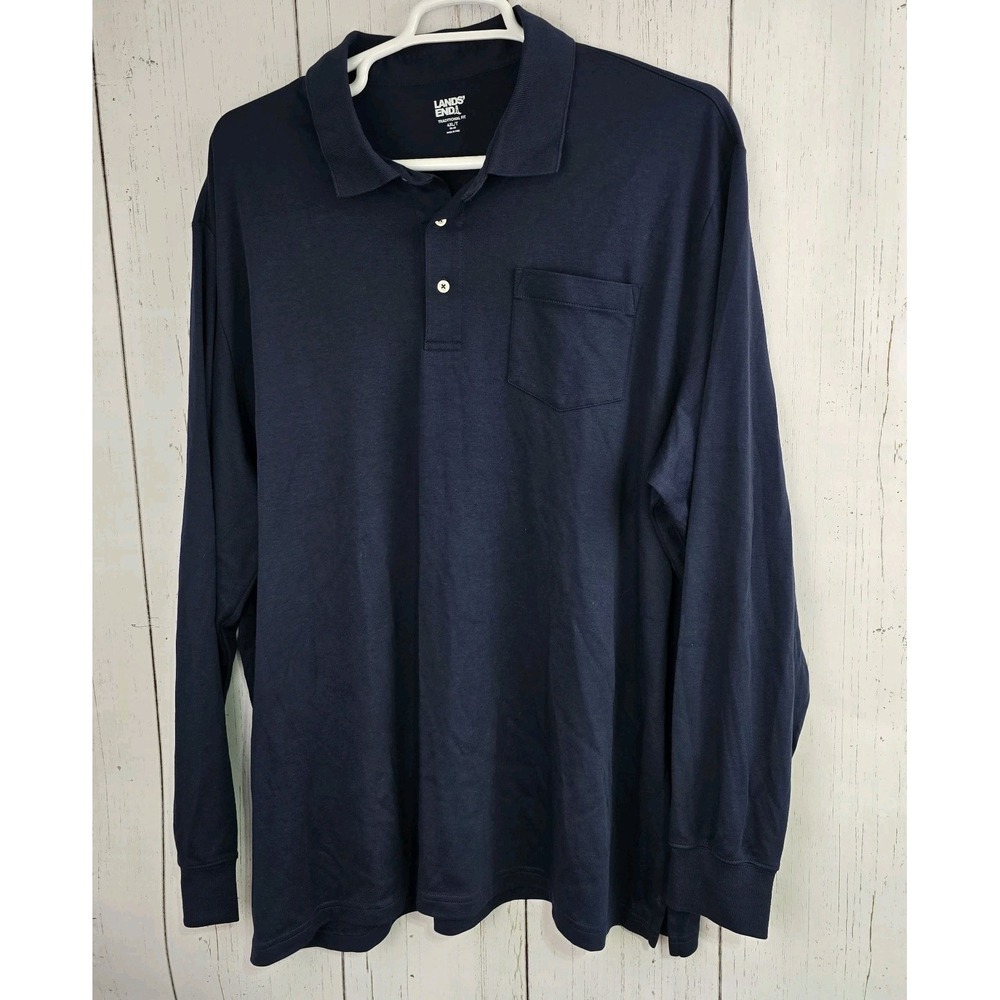 Lands End Men's 4XLT Traditional Fit Blue Cotton Long Sleeve Polo Shirt